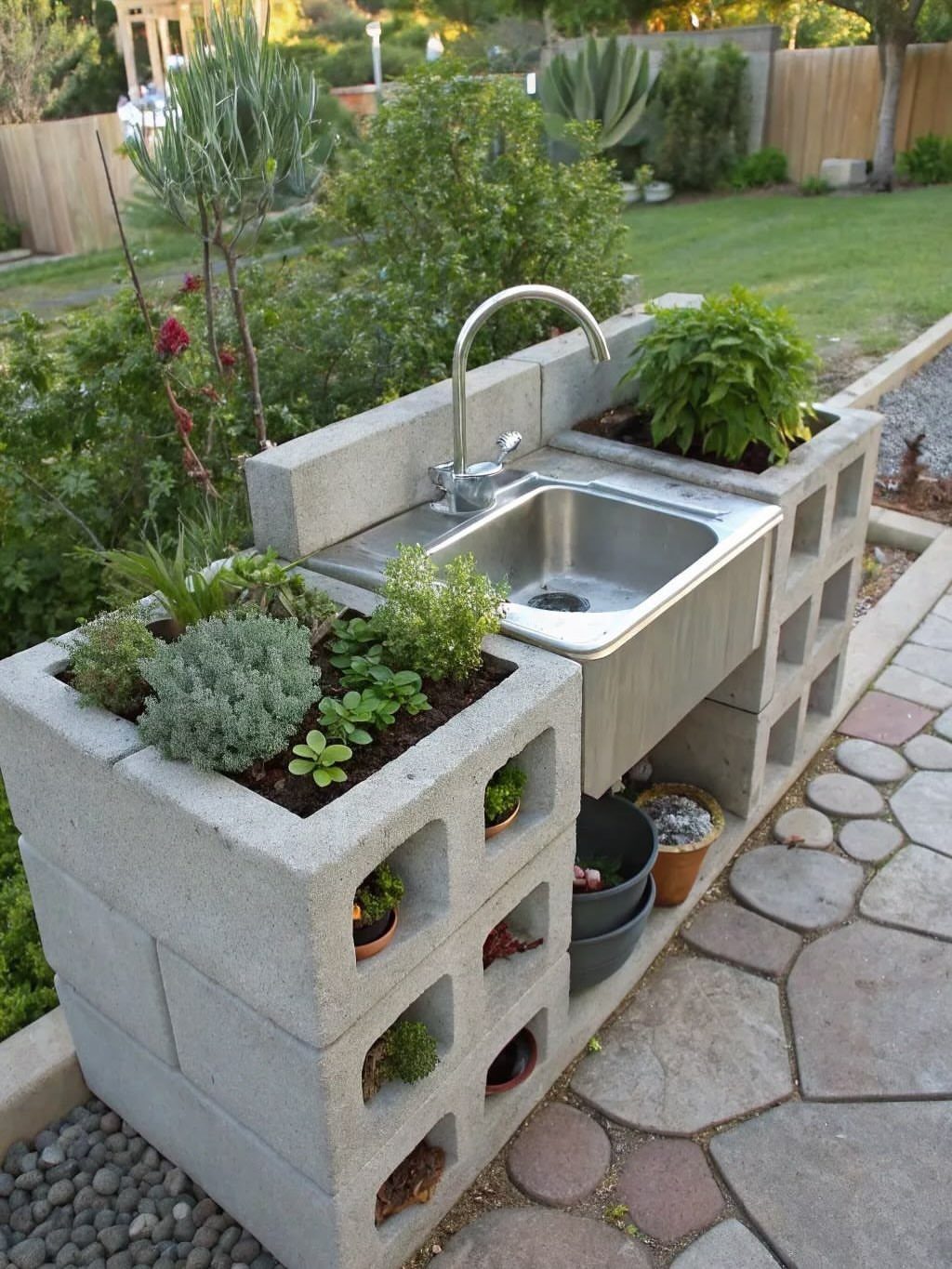 A stainless steel sink integrated into a structure made of grey concrete cinder blocks with plants.