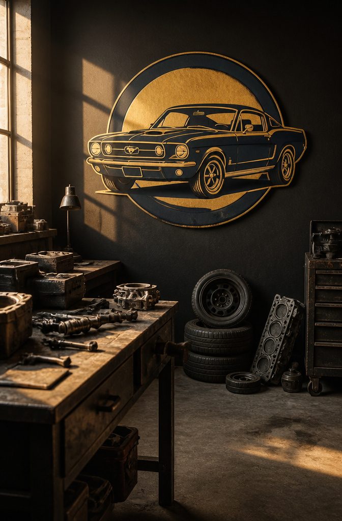 Vintage Garage Logo Ideas for Automotive Shops and Collectors 2 Vintage garage logo featuring a Ford Mustang silhouette in oxidized gold.