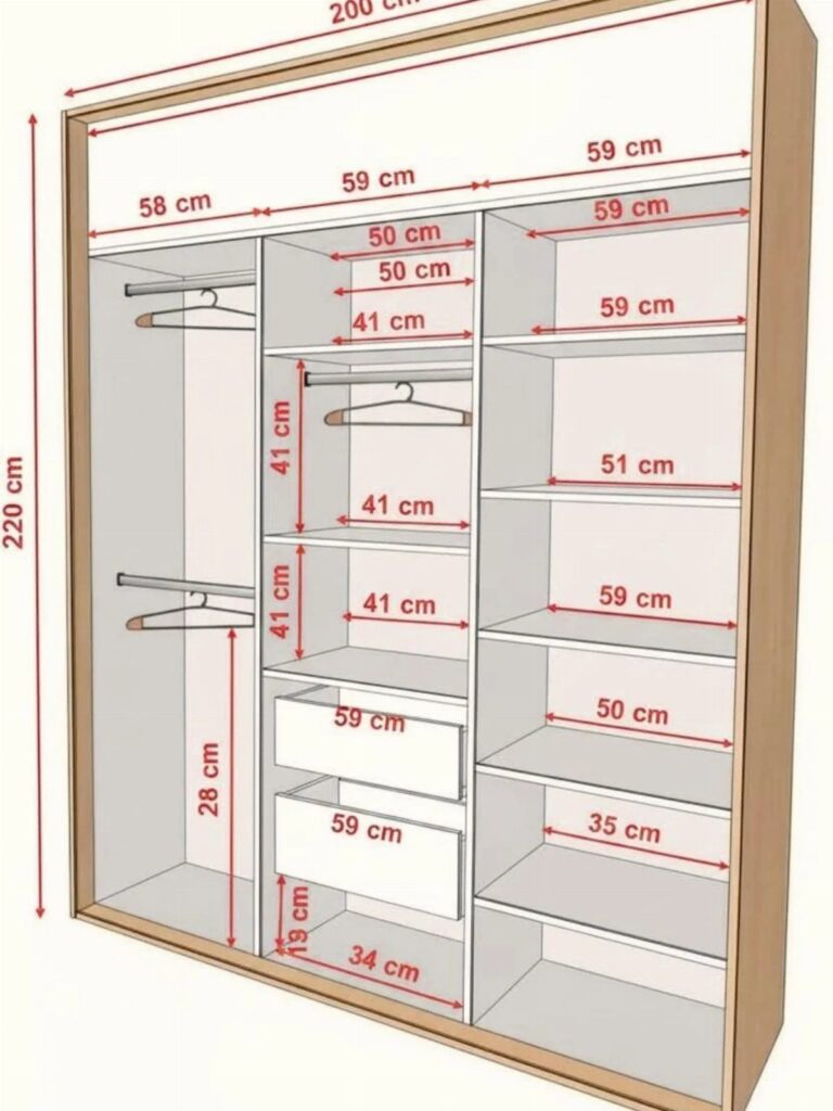 A 3D diagram of a closet interior showing various compartments with red dimension lines and centimeter measurements.