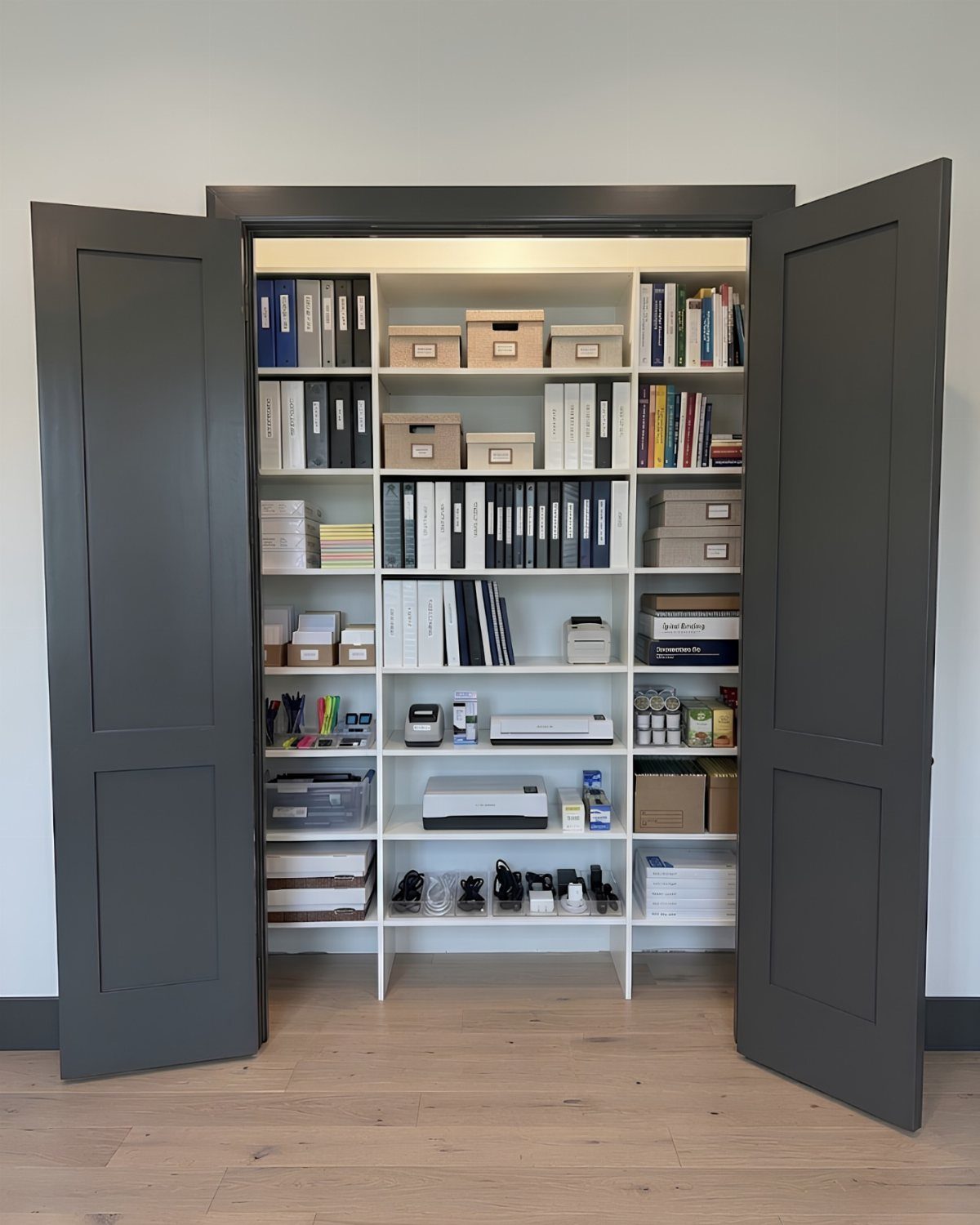 12 Office Storage Room Organization Ideas for Every Layout 6 An open closet featuring white shelves organized with binders, storage boxes, and various office equipment.
