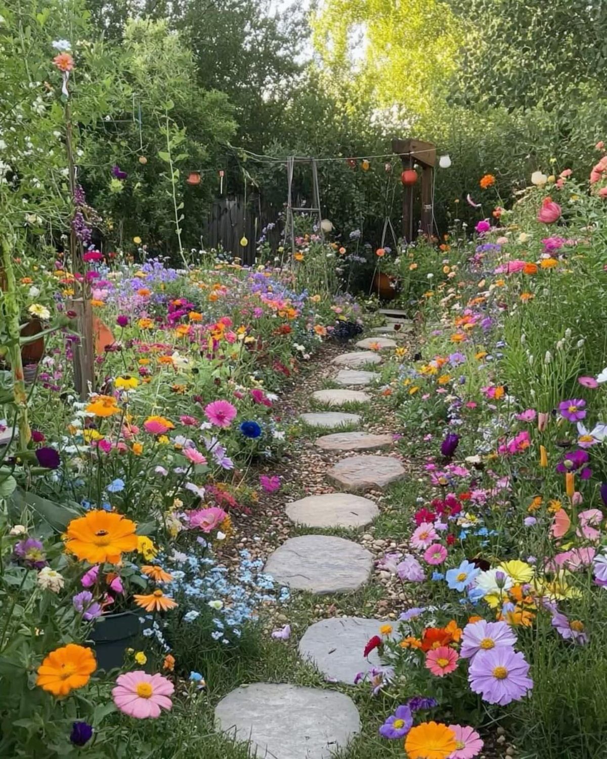 Colorful flowers in full bloom lining a stone stepping path through a lush green garden.