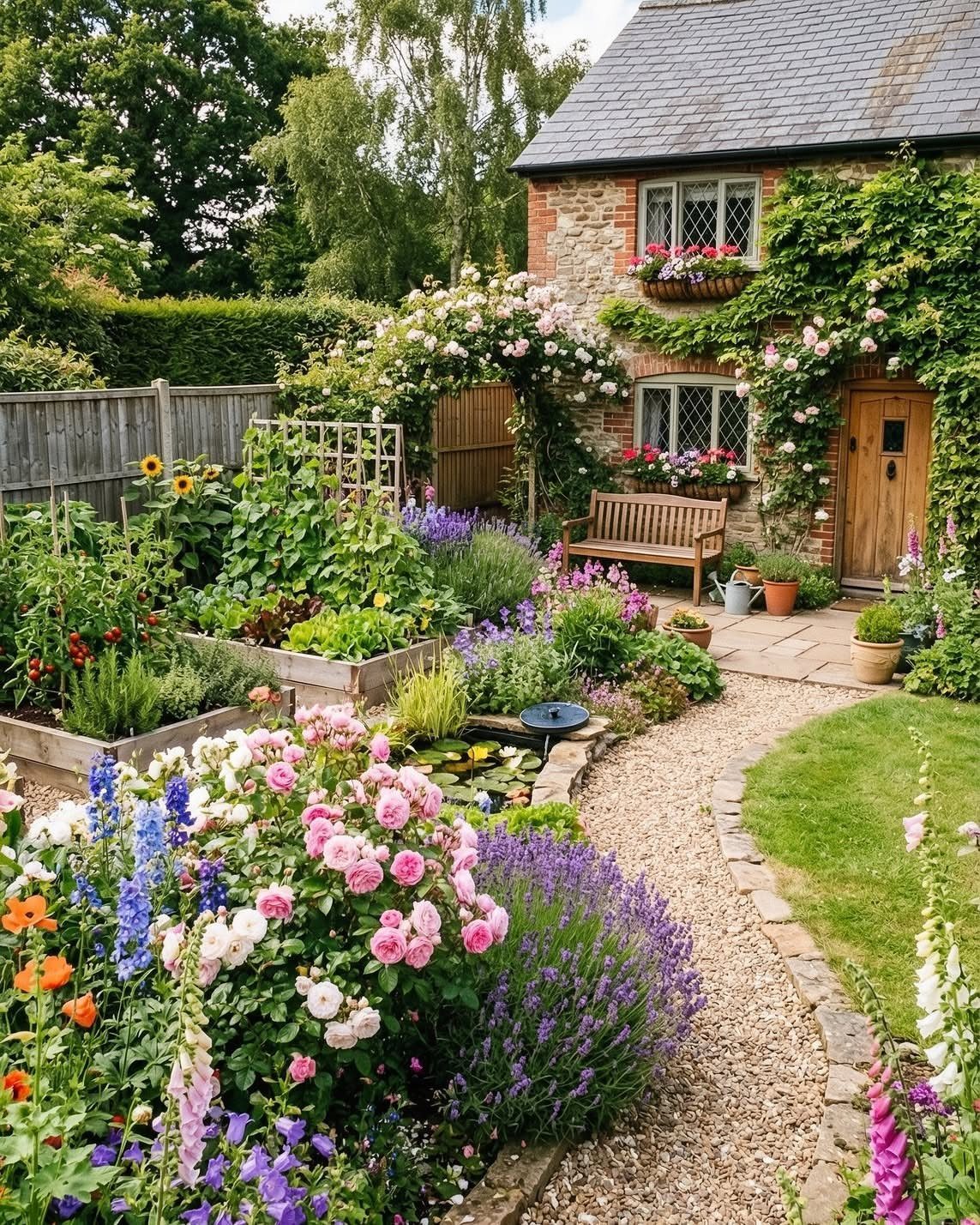 A lush cottage garden with blooming roses, lavender, and a gravel path leading past a stone cottage.