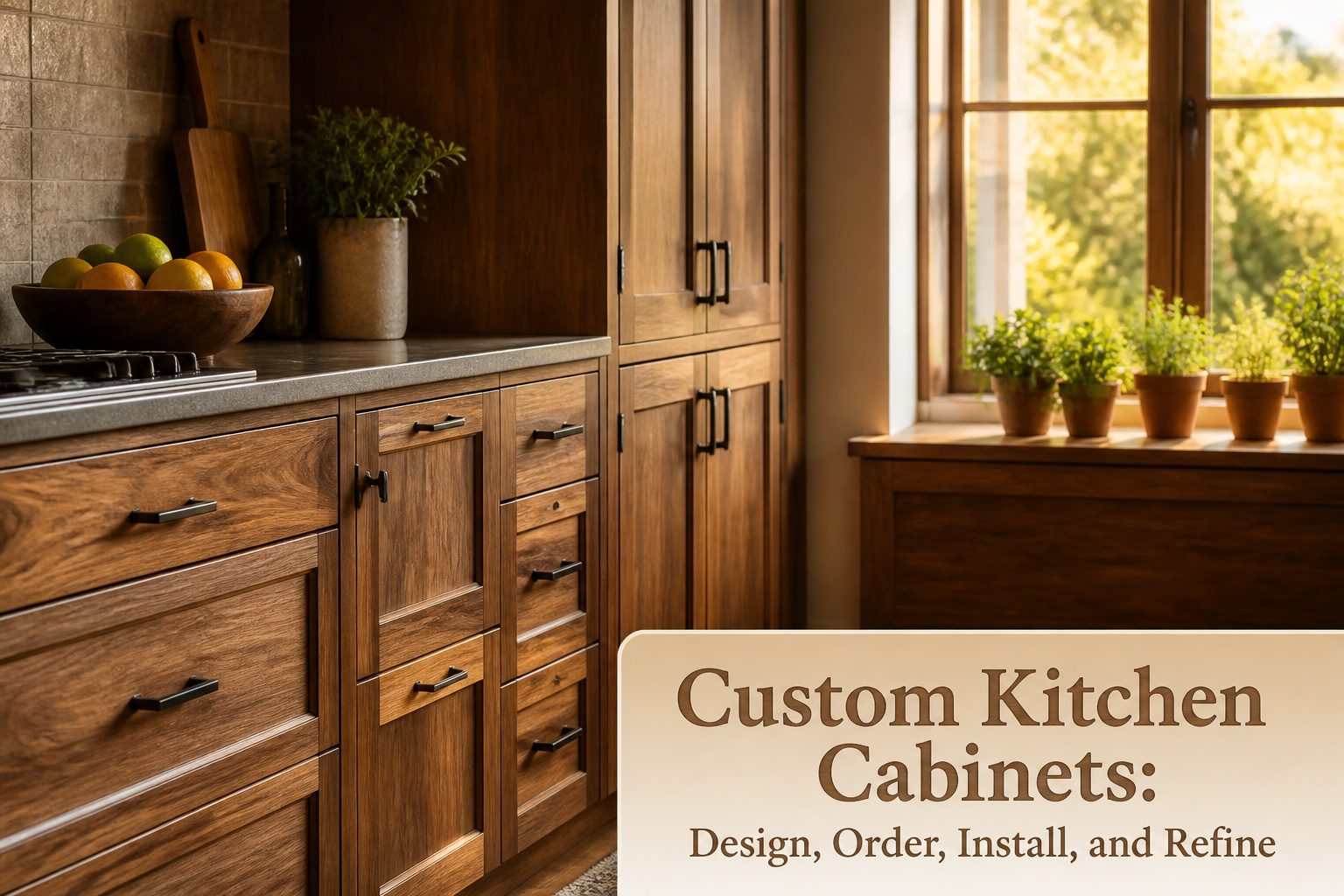 A custom kitchen featuring elegant cabinets and a warm, inviting space.