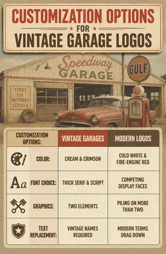 Vintage Garage Logo Ideas for Automotive Shops and Collectors 14 Information image about customization options for vintage garage logos.