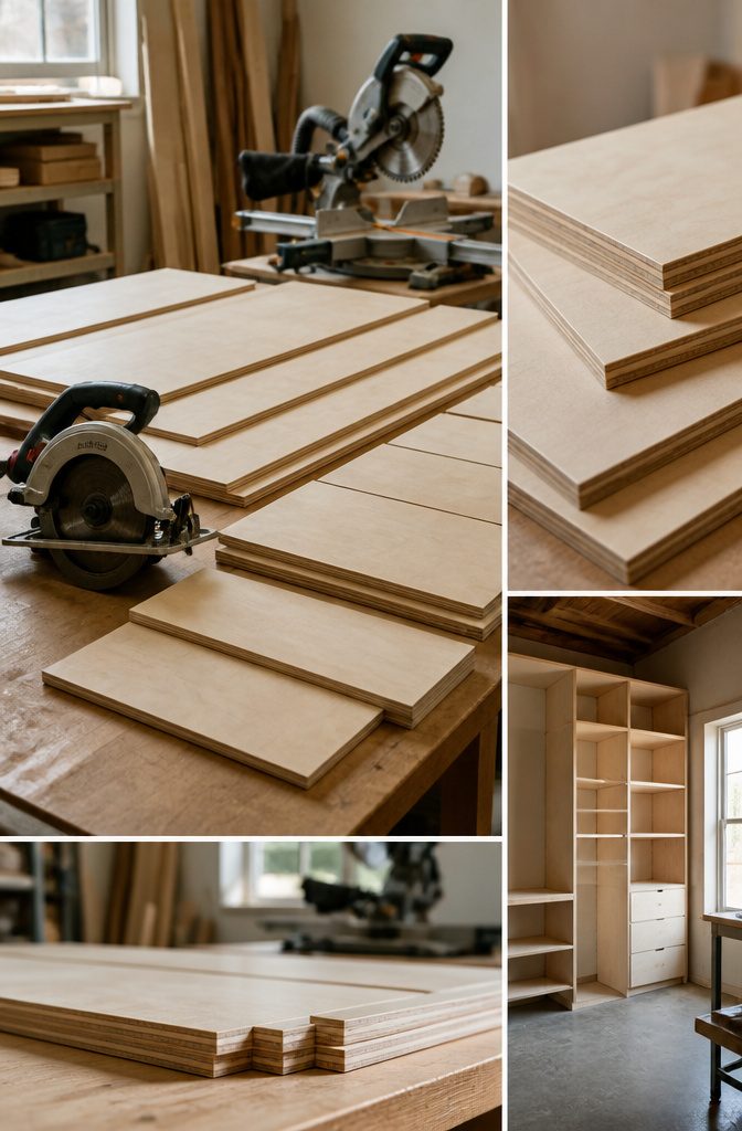 Cut plywood and MDF sheets prepared for closet assembly.