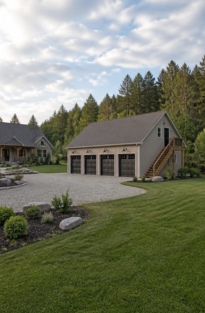 Detached four-car garage house plan with individual garage doors.