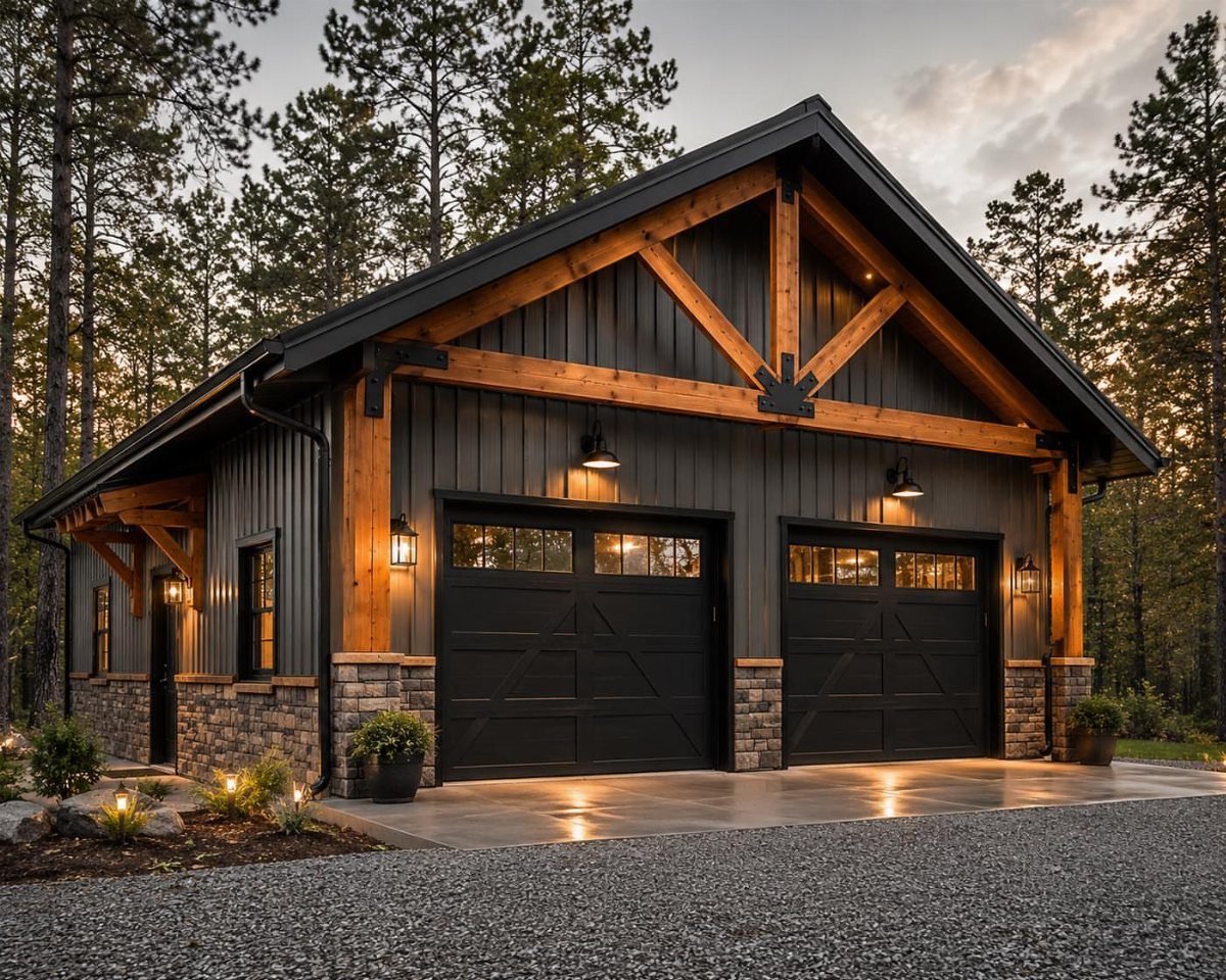 A modern dark grey detached garage with wooden timber accents and stone masonry under a twilight sky.