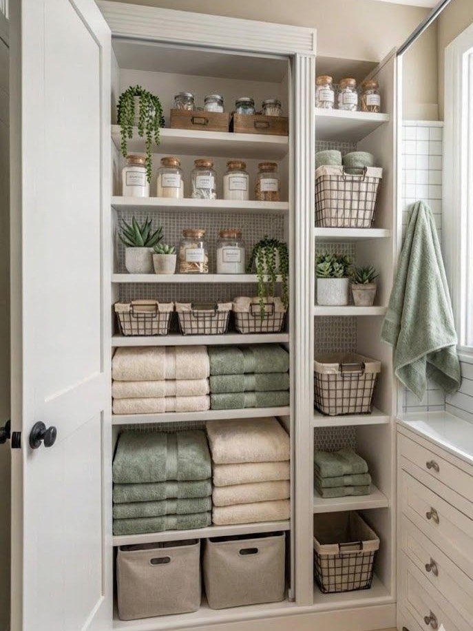 Organized white linen closet shelves filled with folded towels, storage baskets, and decorative glass jars.