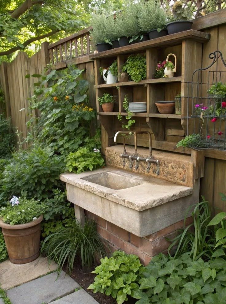 A rustic stone outdoor sink with a metal faucet set within a wooden garden shelf.