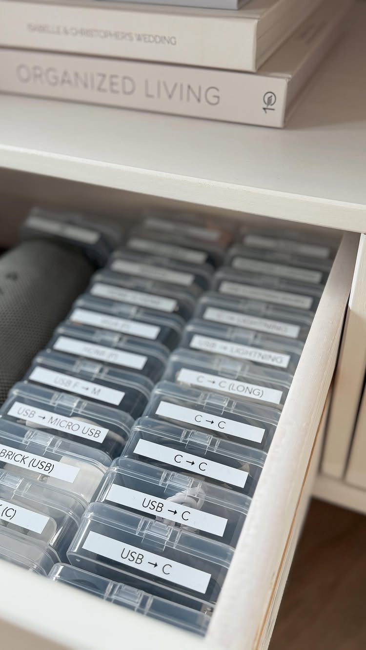 12 Office Storage Room Organization Ideas for Every Layout 1 Clear plastic organizer bins with white labels inside an open white drawer containing various cables.
