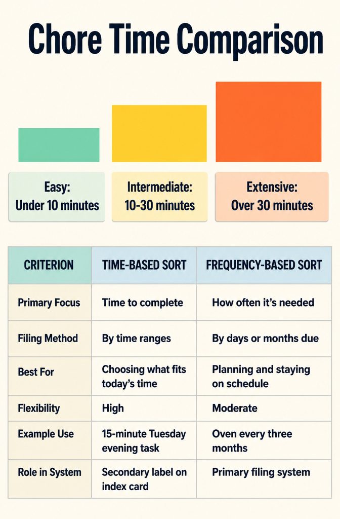 Visual chart categorizing cleaning tasks by time required: easy, intermediate, extensive.