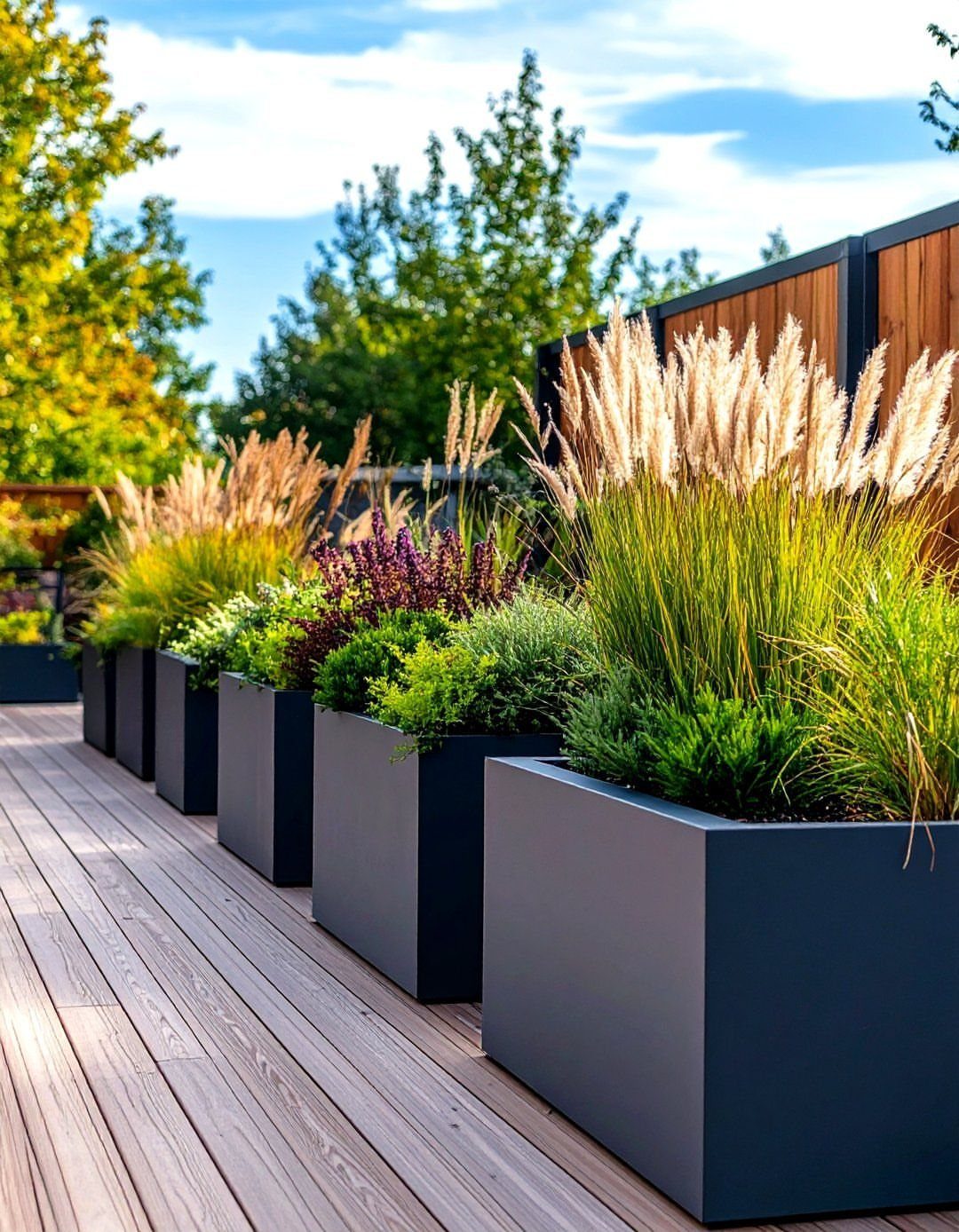 Large dark grey rectangular planters filled with ornamental grasses and green plants on a wooden deck.