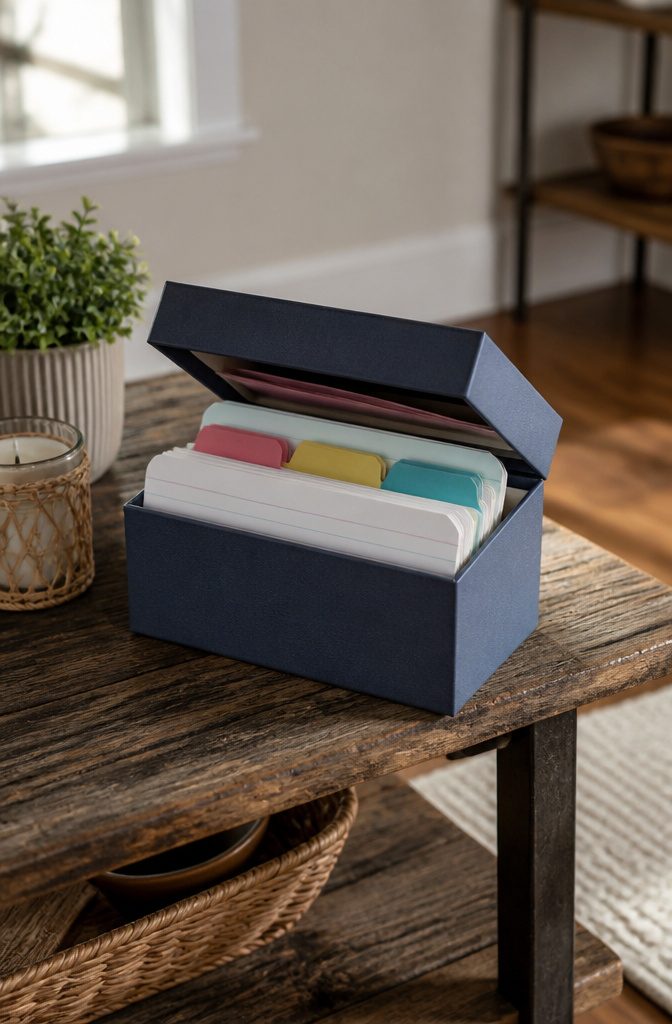 Open index card box showing dividers for daily, weekly, and monthly tasks.