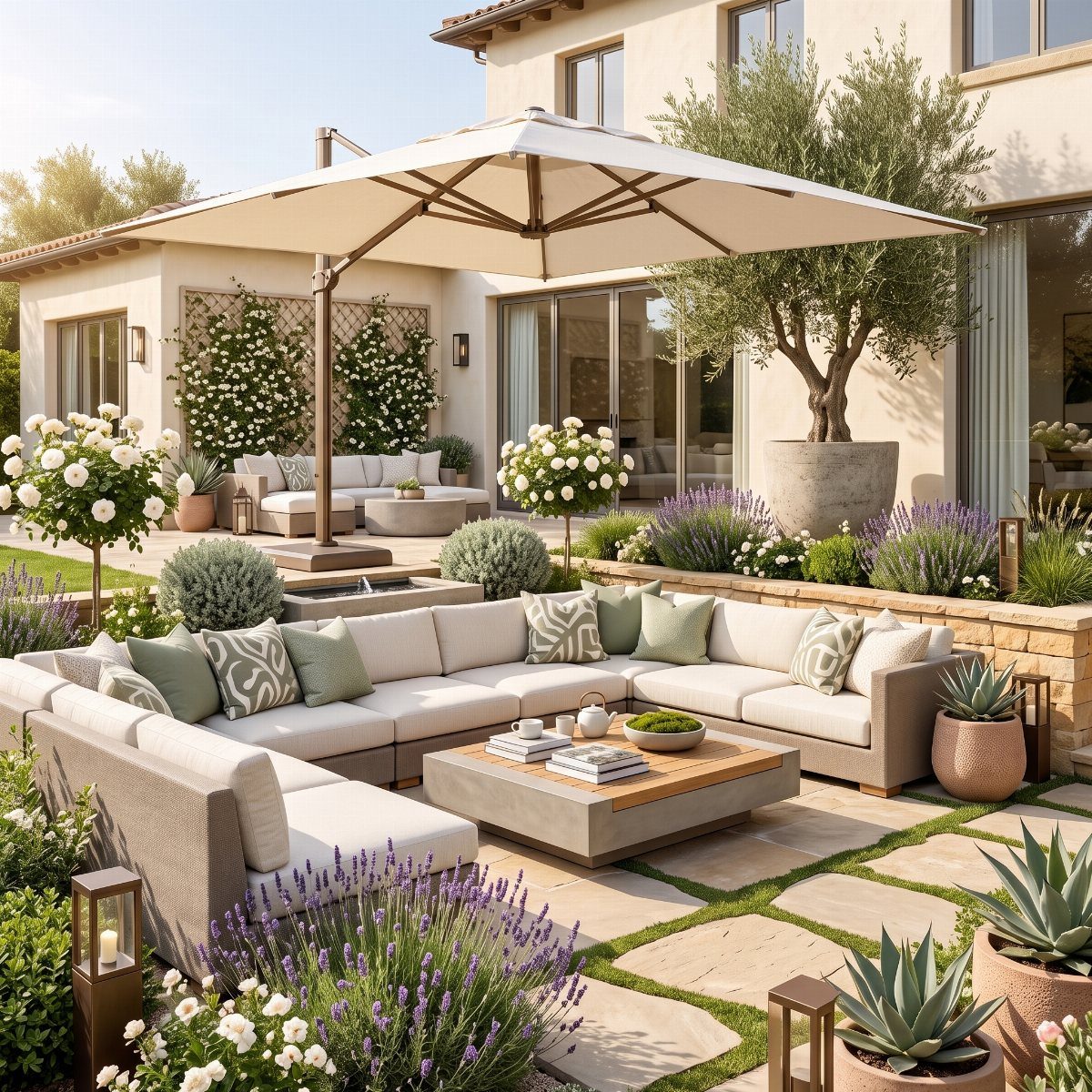 11 Flagstone Patio Design Ideas with Photos for Your Yard 6 Large flagstone patio with grass inlays, featuring a beige sectional sofa and outdoor umbrella.