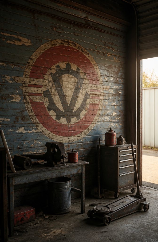 Vintage Garage Logo Ideas for Automotive Shops and Collectors 9 Vintage garage logo with grunge effects on a peeling paint garage door.