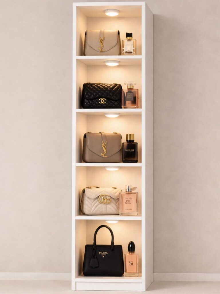 Designer handbags and perfume bottles arranged on illuminated shelves of a white tall shelving unit.