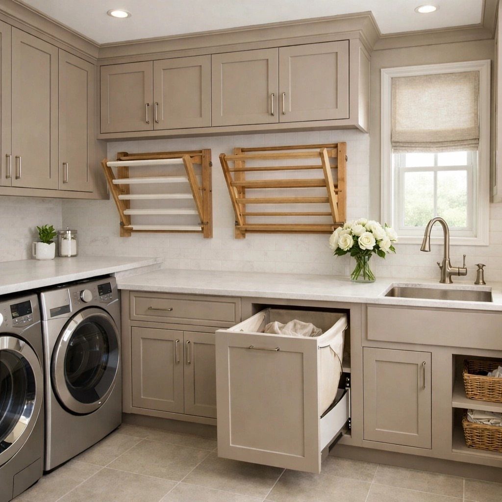 Beige laundry room cabinets featuring a pull-out drawer containing a white laundry basket and wooden wall racks.