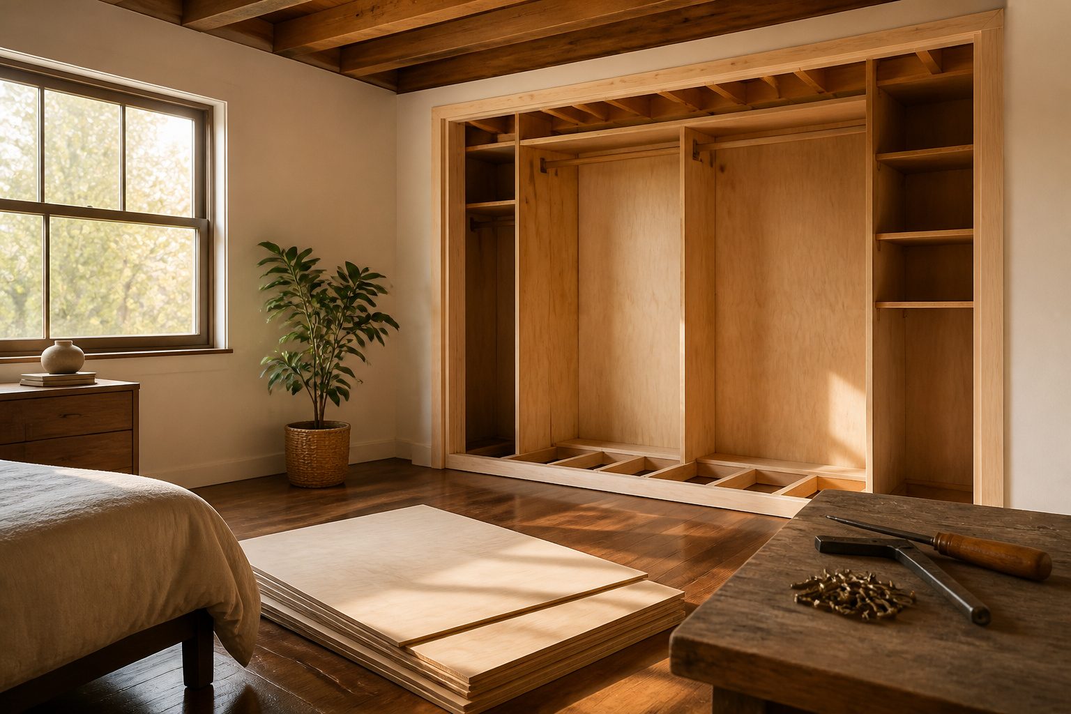 A layout plan for a closet showing dimensions and design elements.
