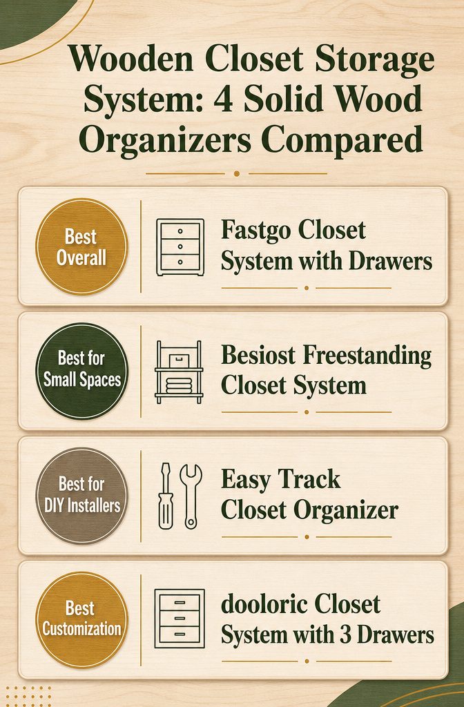 An infographic comparing four solid wood closet organizers
