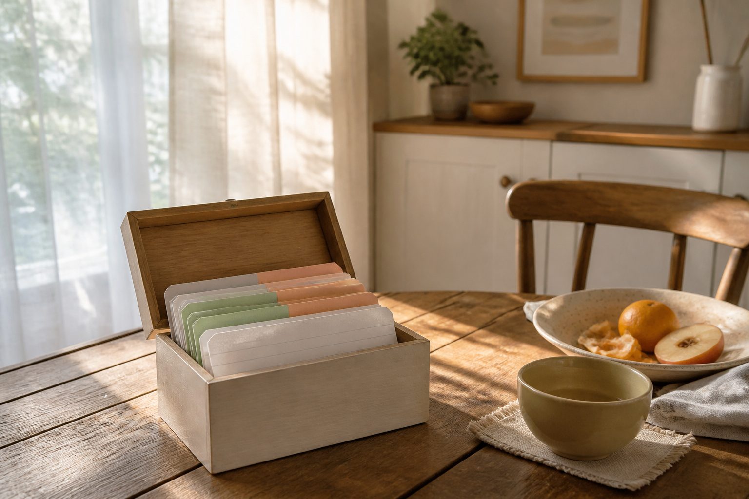 Index card box with colorful cards for cleaning tasks on a kitchen counter.