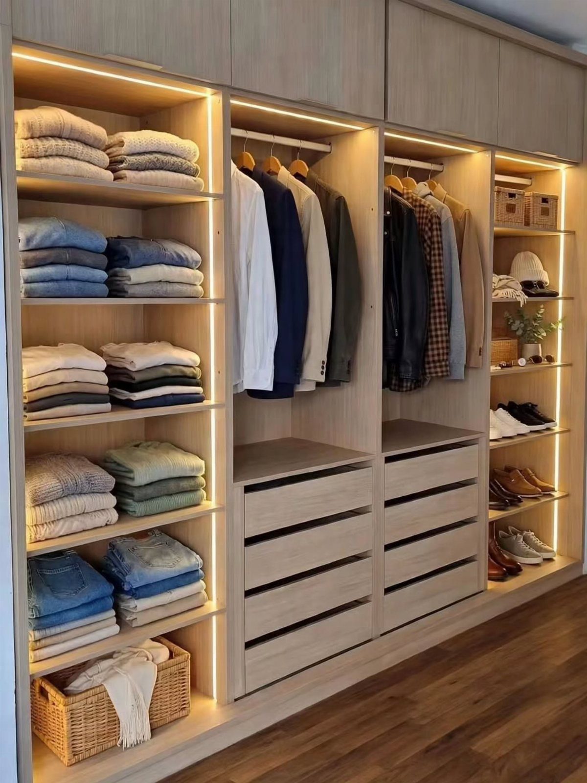 DIY Closet Organization: 16 Ideas for Every Layout 7 Built-in wooden closet system with integrated LED strip lighting illuminating folded clothes and hanging garments.