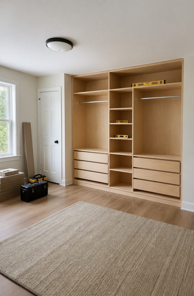 Closet units are being leveled and secured to the wall.
