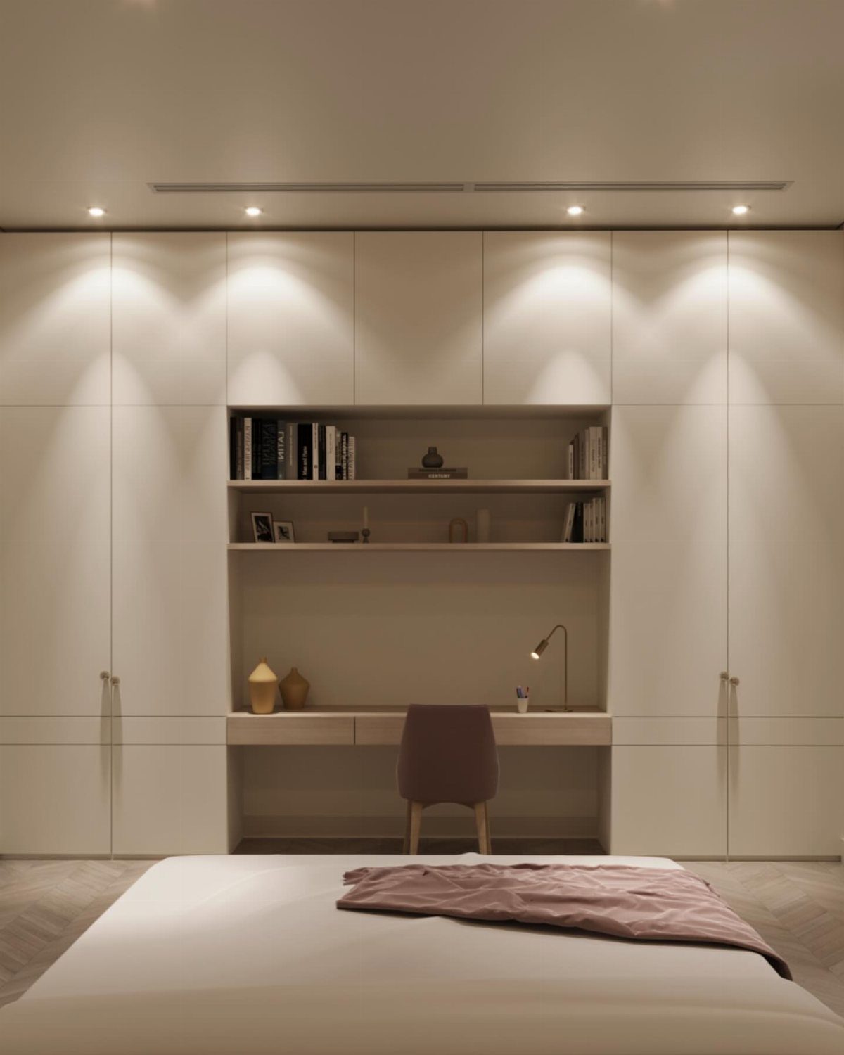 21 Closet Design Plans for Every Layout and Budget 15 Built-in cream wardrobes with an integrated desk and shelving unit in a bedroom.