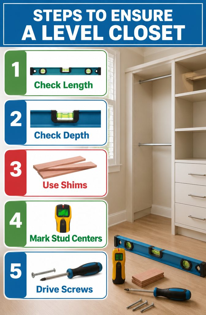 A level being used to check the alignment of a closet shelf.