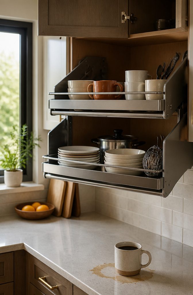 Kitchen Cabinet Pull Down Shelf: Systems and Installation 10 Functional pull-down shelf mechanism in a kitchen cabinet.