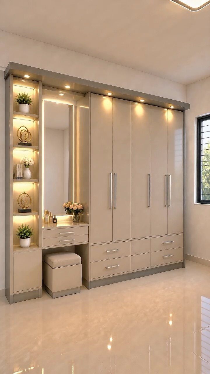 21 Closet Design Plans for Every Layout and Budget 4 Modern beige built-in closet system with integrated vanity, drawers, and warm LED lighting.