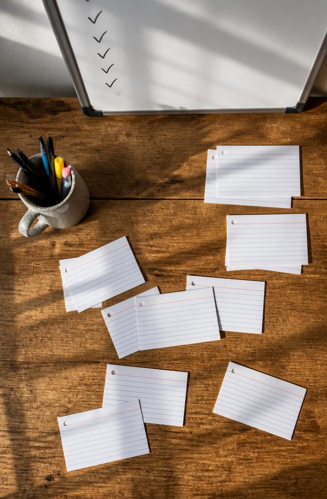 Index cards with various cleaning tasks written on them.