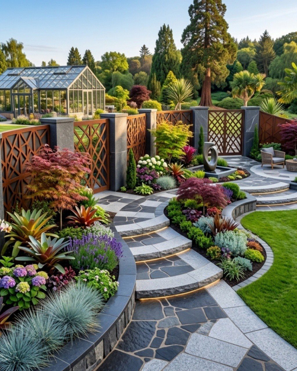 11 Flagstone Patio Design Ideas with Photos for Your Yard 2 Curved flagstone steps with built-in lighting lead through a landscaped garden patio.