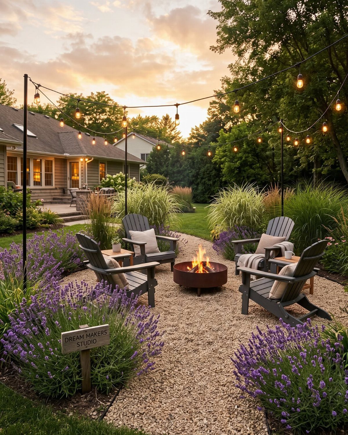 Grey Adirondack chairs arranged around a burning fire pit on a gravel patio at sunset.