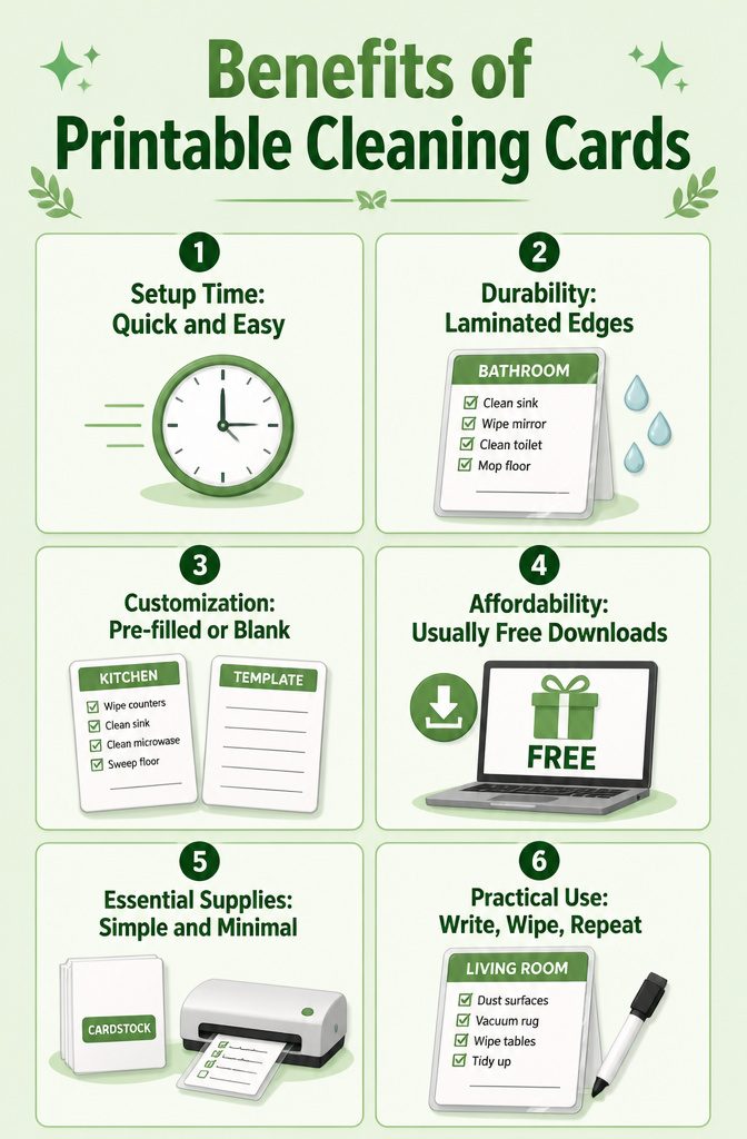 Printable cleaning cards laid out on a workspace with colored pens.