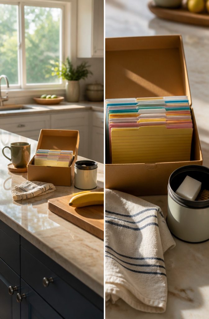 Index cards being organized and filed after completing daily cleaning tasks.