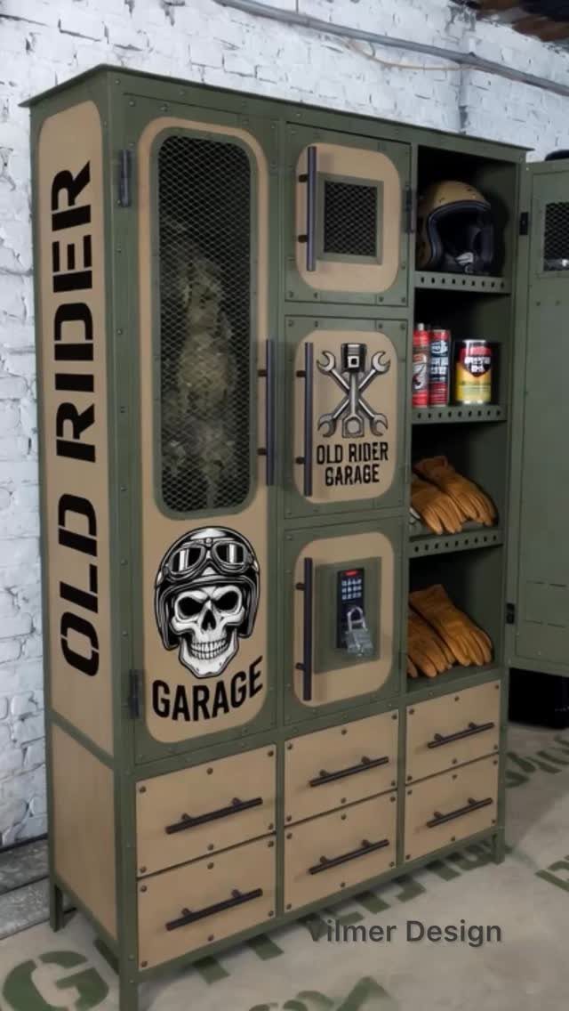 Garage Storage Modern: 12 Ideas That Free Up Floor Space 8 Large olive green and tan metal storage cabinet with Old Rider Garage graphics and various compartments.