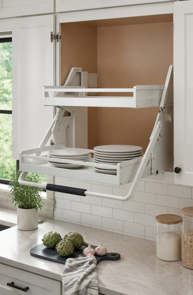 Kitchen Cabinet Pull Down Shelf: Systems and Installation 1 Rev-A-Shelf Two-Tier Pulldown System installed in a kitchen cabinet.