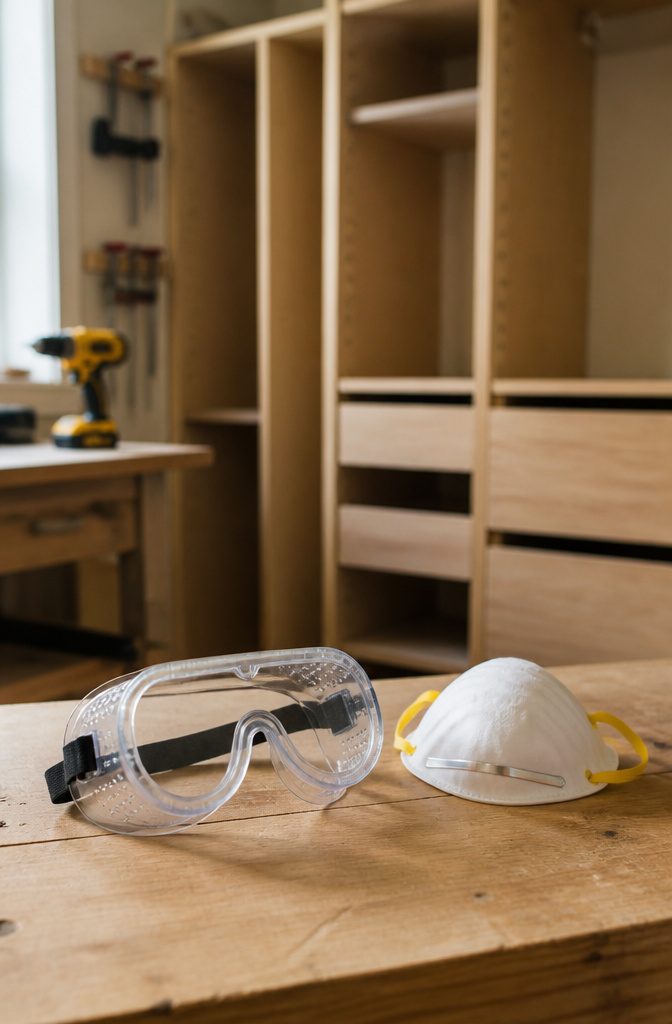 Safety goggles and dust mask laid out for use during construction.