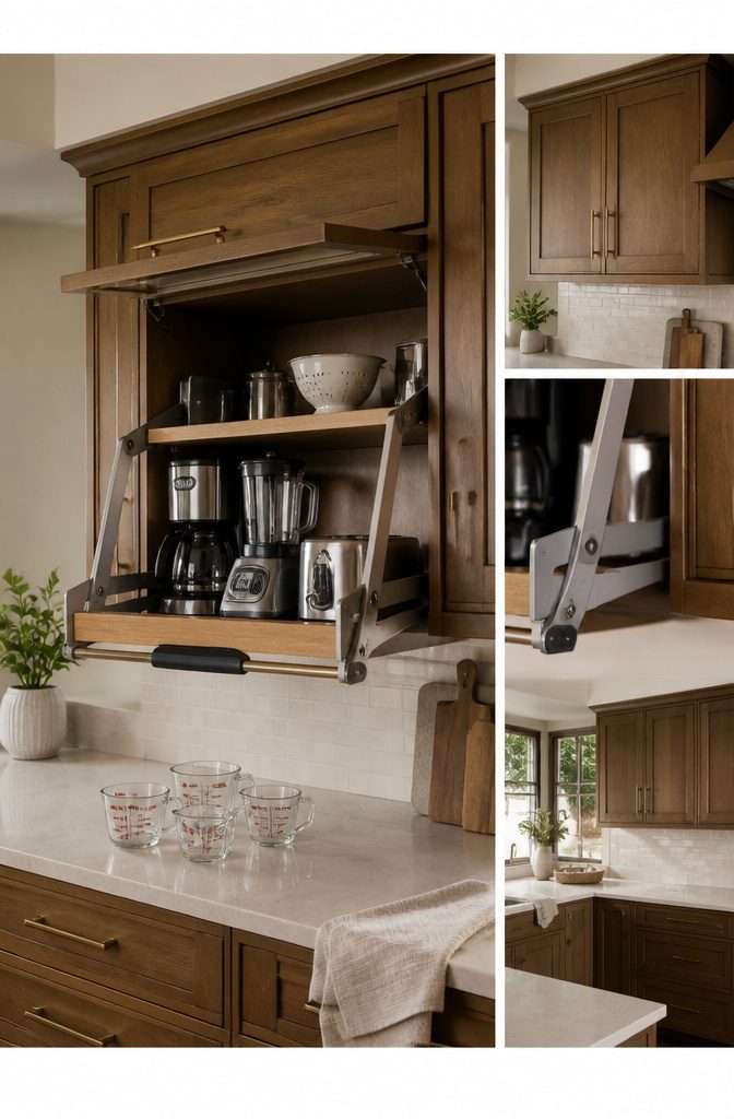 Kitchen Cabinet Pull Down Shelf: Systems and Installation 12 Custom pull down shelf designed for specific cabinet measurements.