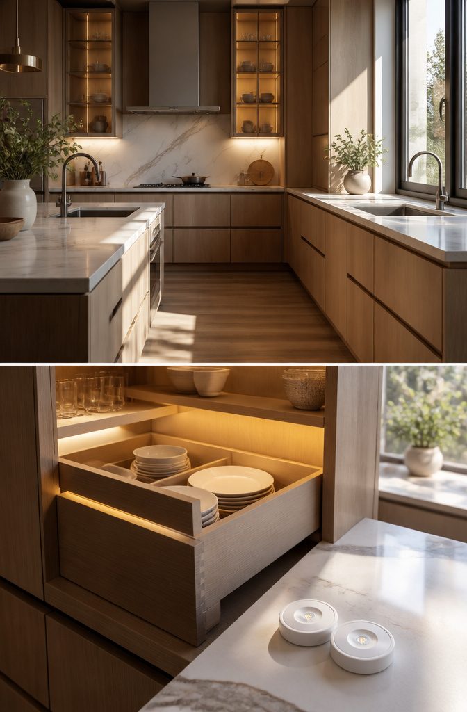 Custom Kitchen Cabinets: Design, Order, Install, and Refine 14 LED lighting installed inside kitchen cabinets for better visibility.