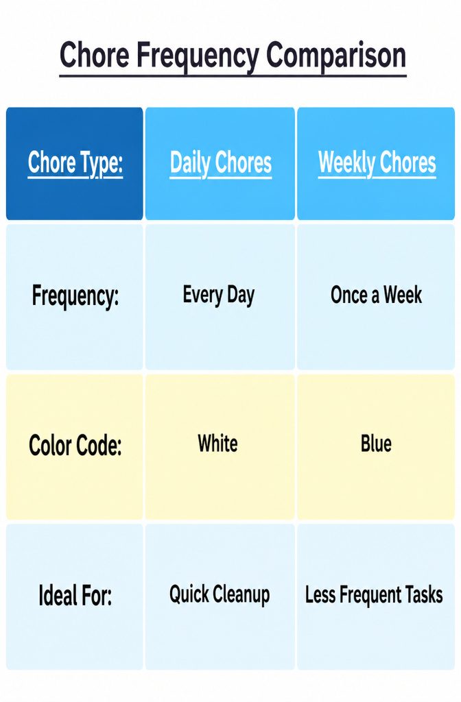 Chart categorizing cleaning tasks by frequency: daily, weekly, and monthly.