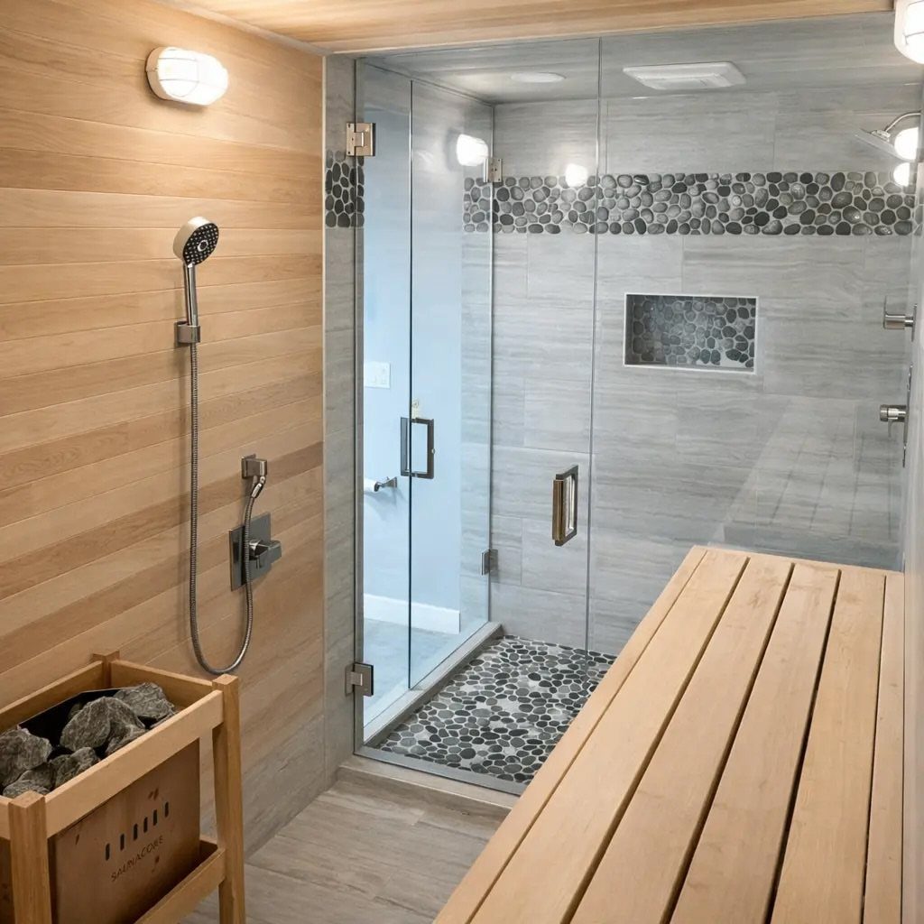 A modern walk-in shower with wood paneled walls, glass doors, and a pebble mosaic accent.