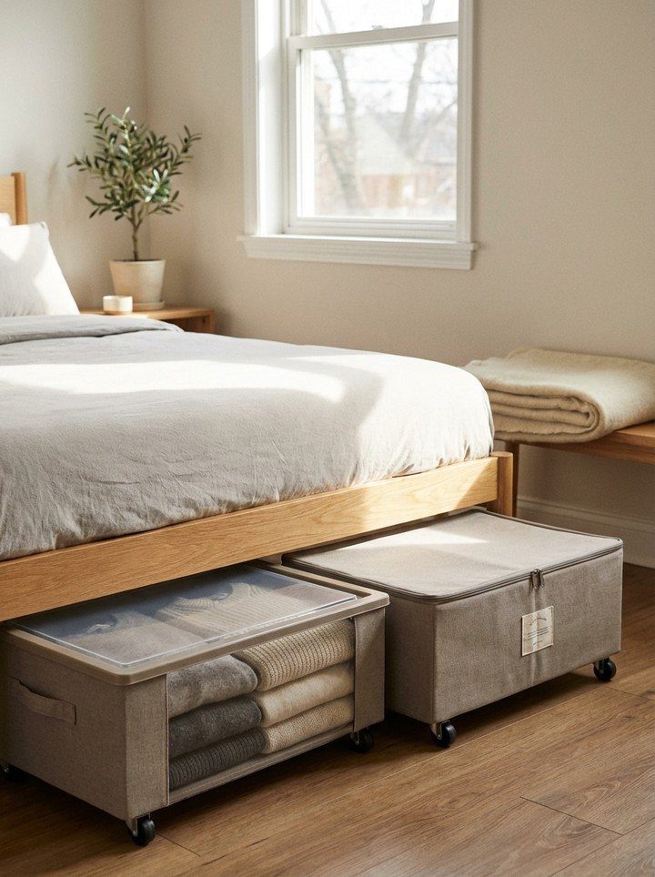 Studio Apartment Organization: 9 Ideas That Save Space 1 Two grey fabric storage bins with wheels tucked underneath a light wood bed frame.