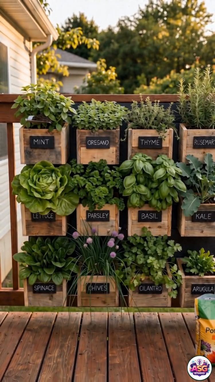 Vertical wooden herb planters mounted on a black wall attached to a wooden deck railing.