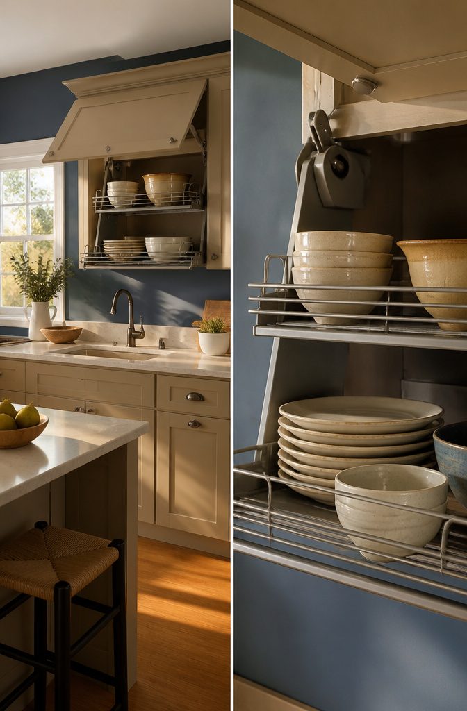 Kitchen Cabinet Pull Down Shelf: Systems and Installation 5 Lift baskets inside a kitchen cabinet for organizing dishes and appliances.