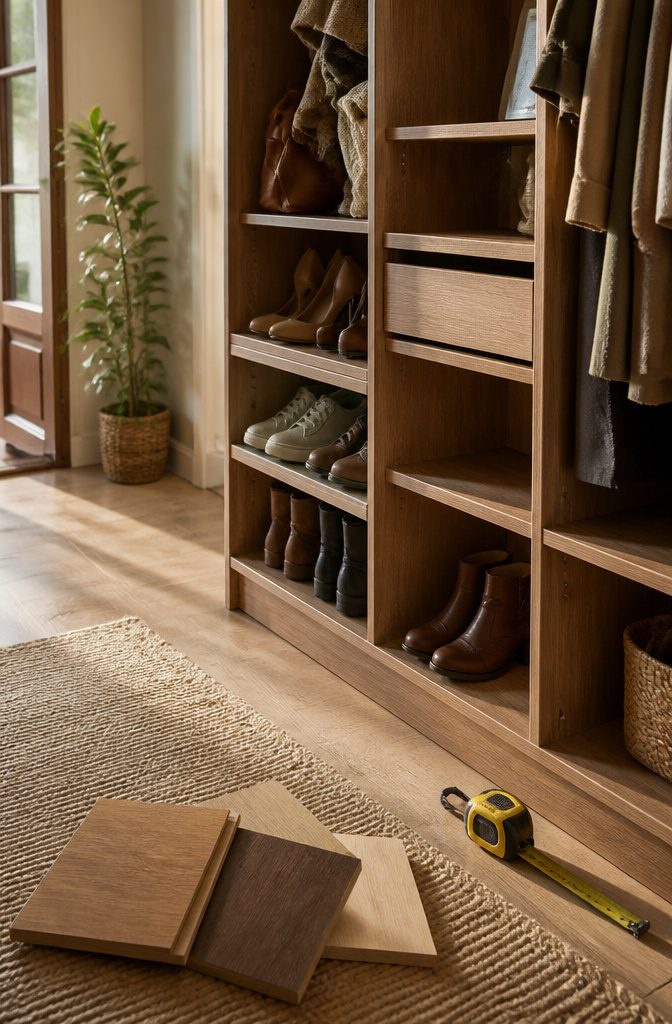 A wooden closet system being measured for dimensions in a home