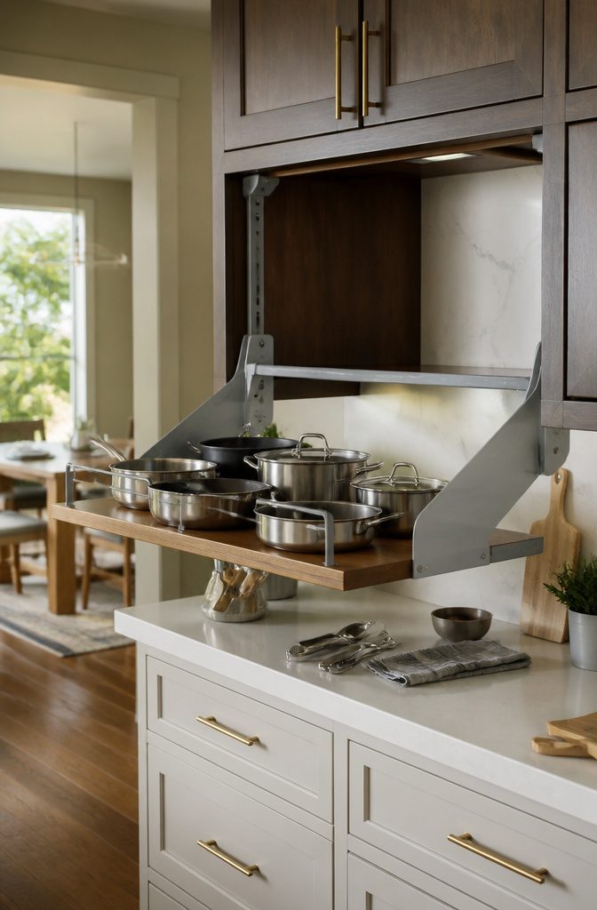 Kitchen Cabinet Pull Down Shelf: Systems and Installation 11 Pull-down shelf fully lowered, displaying pots and pans at counter height.