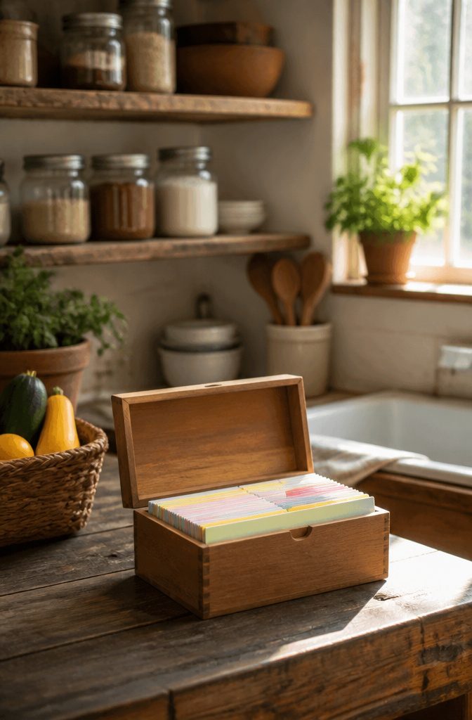 Index card box on a kitchen counter with colorful cleaning task cards.