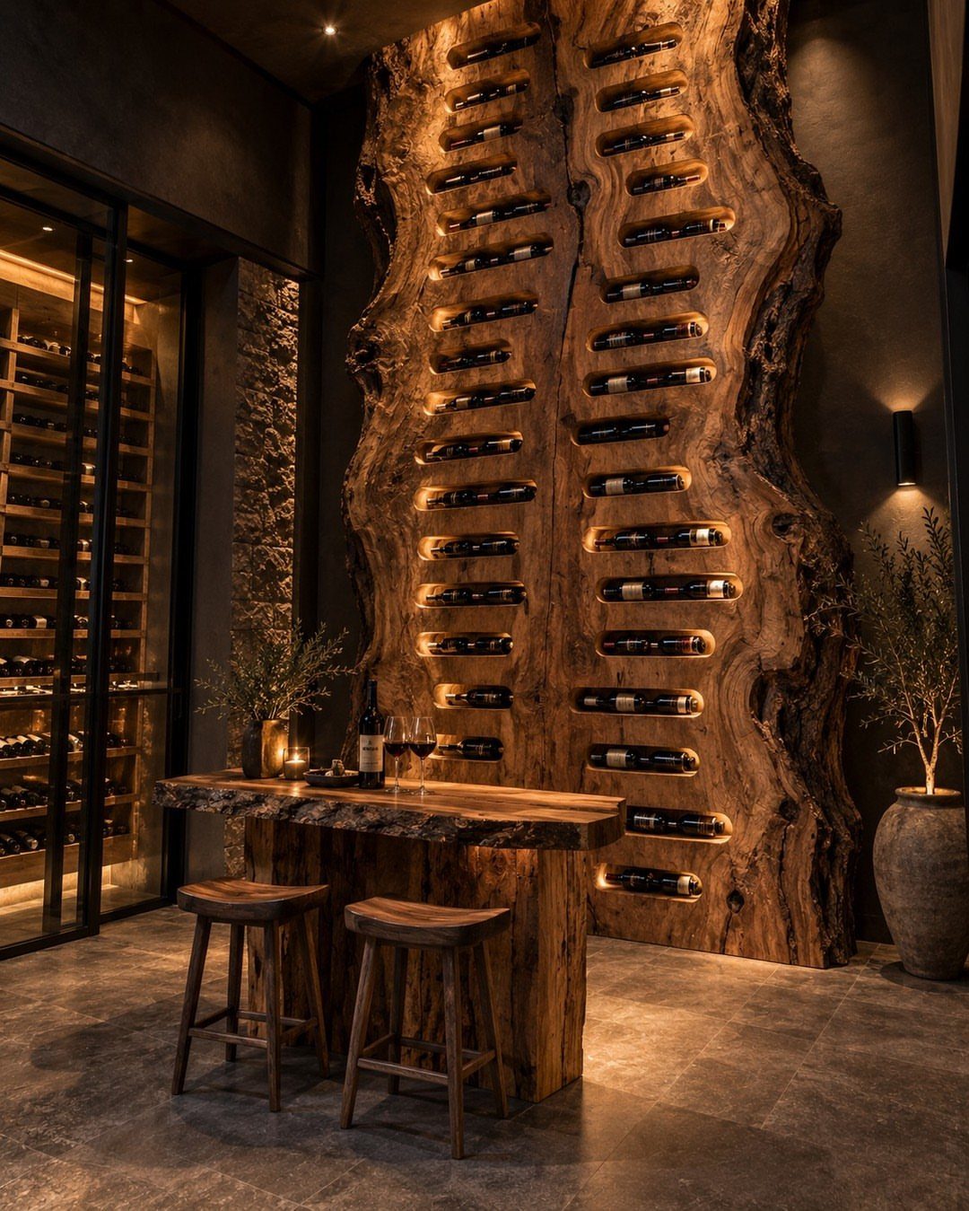 A rustic live-edge wood wine storage wall with a matching tasting table and two stools.