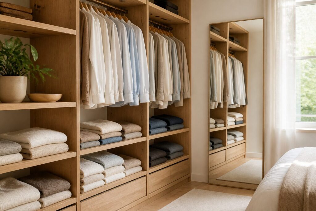 A beautifully organized bedroom closet with natural light streaming in